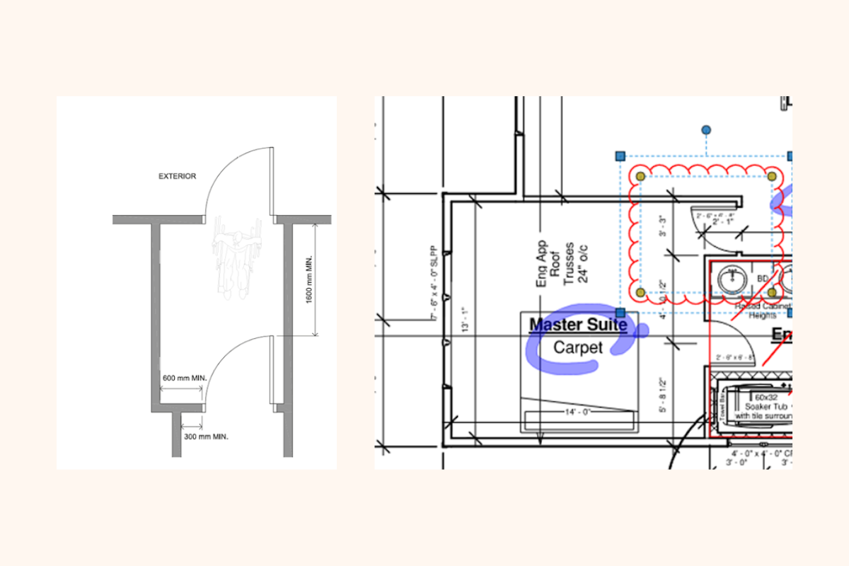 Close-up images of house blueprints that show doorways and entrances in a home.